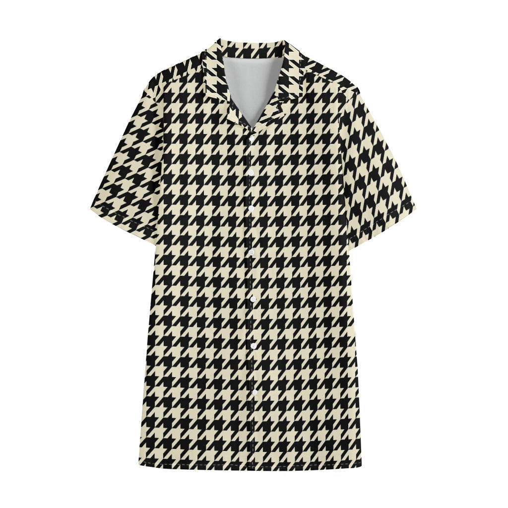 Tan And Black Houndstooth Pattern Print Cotton Hawaiian Shirt