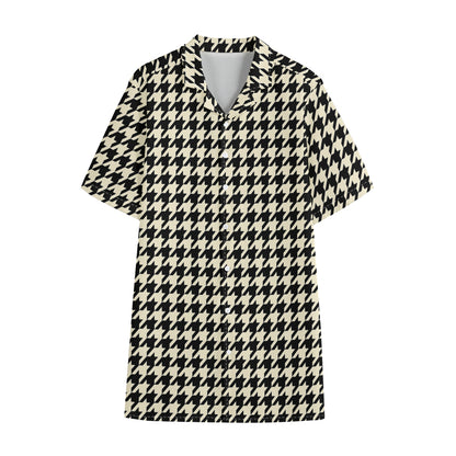 Tan And Black Houndstooth Pattern Print Cotton Hawaiian Shirt