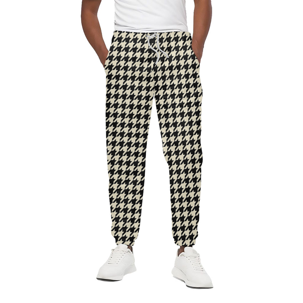 Tan And Black Houndstooth Pattern Print Cotton Pants