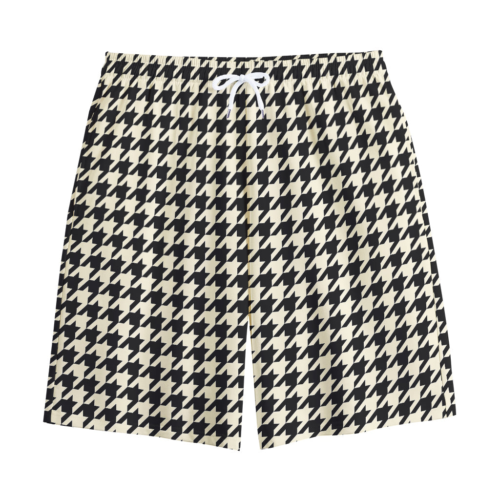 Tan And Black Houndstooth Pattern Print Cotton Shorts