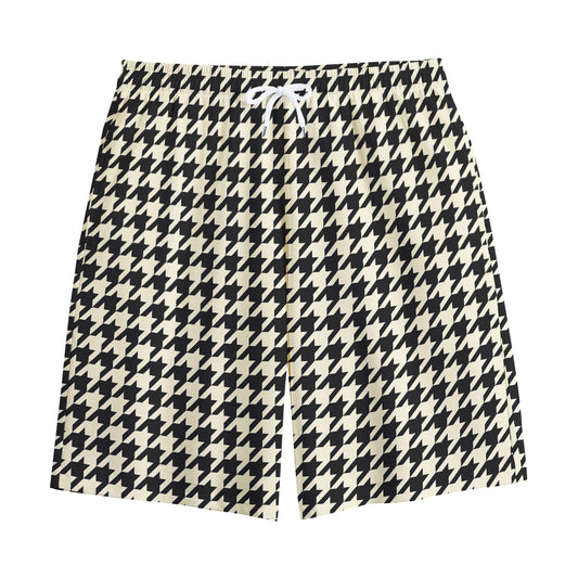 Tan And Black Houndstooth Pattern Print Cotton Shorts