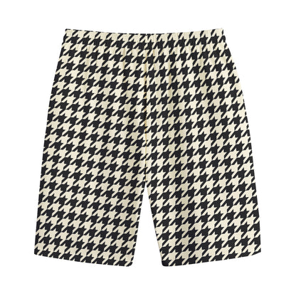 Tan And Black Houndstooth Pattern Print Cotton Shorts