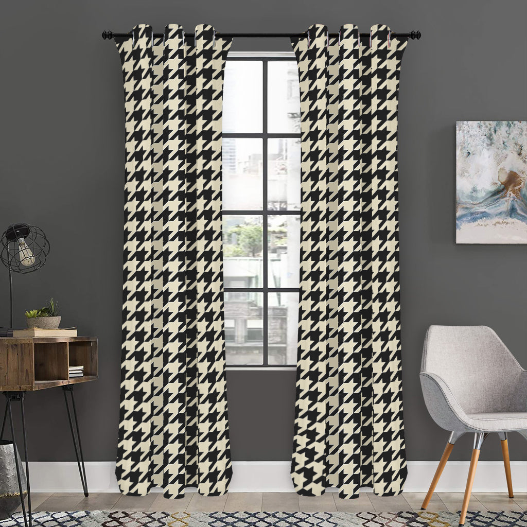Tan And Black Houndstooth Pattern Print Curtain