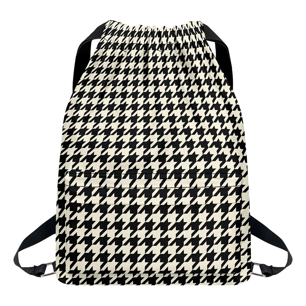 Tan And Black Houndstooth Pattern Print Drawstring Backpack