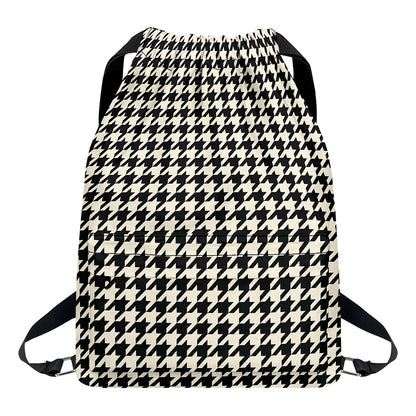 Tan And Black Houndstooth Pattern Print Drawstring Backpack