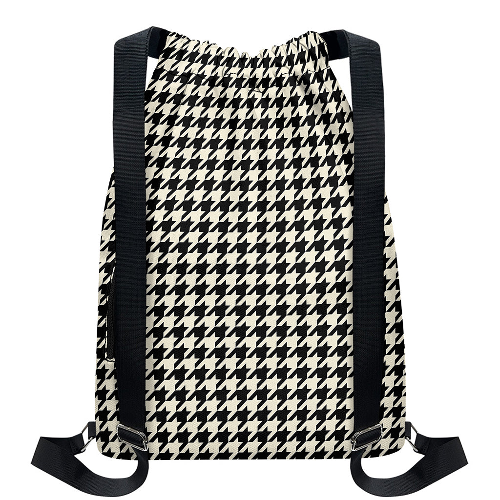 Tan And Black Houndstooth Pattern Print Drawstring Backpack
