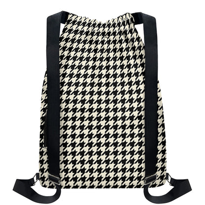 Tan And Black Houndstooth Pattern Print Drawstring Backpack
