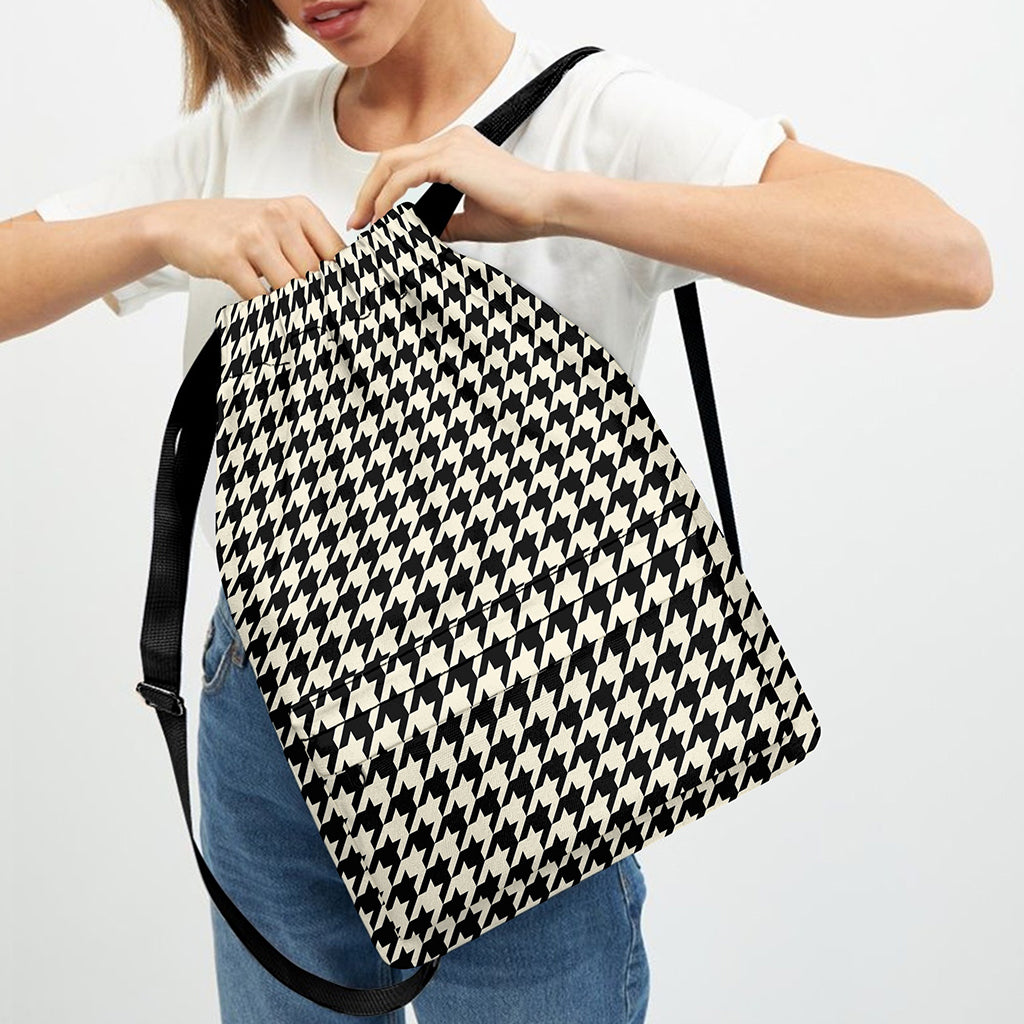 Tan And Black Houndstooth Pattern Print Drawstring Backpack