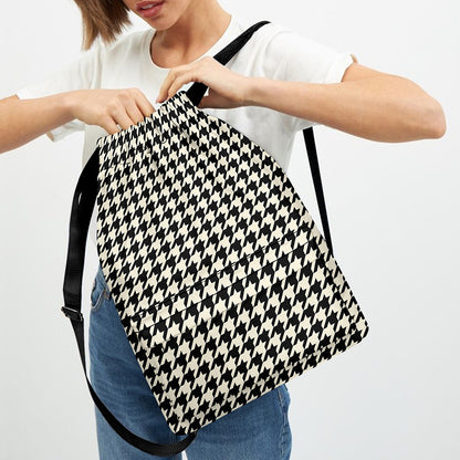 Tan And Black Houndstooth Pattern Print Drawstring Backpack