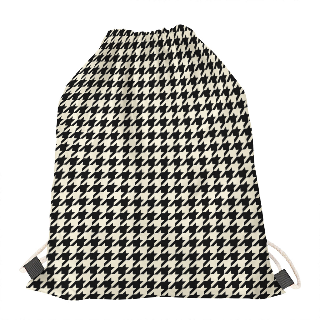 Tan And Black Houndstooth Pattern Print Drawstring Bag