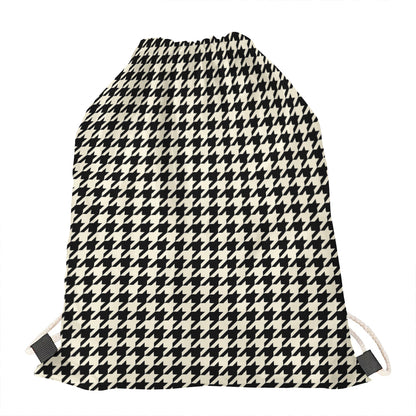 Tan And Black Houndstooth Pattern Print Drawstring Bag