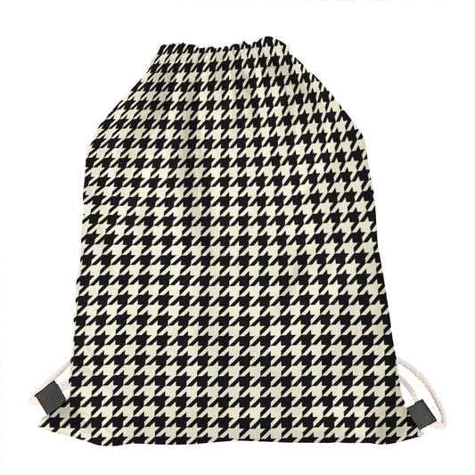 Tan And Black Houndstooth Pattern Print Drawstring Bag