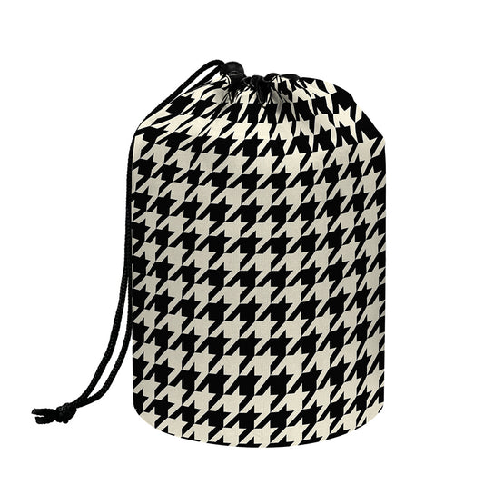 Tan And Black Houndstooth Pattern Print Drawstring Makeup Bag