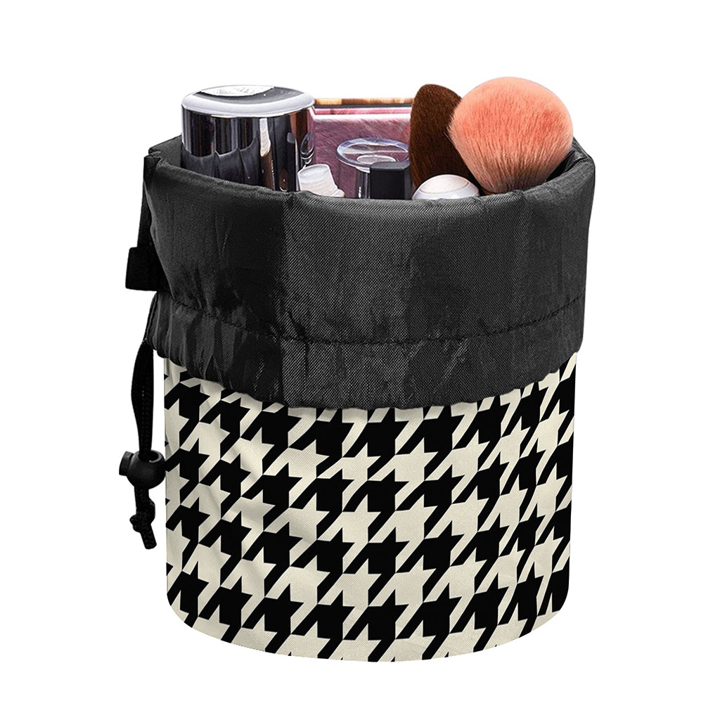 Tan And Black Houndstooth Pattern Print Drawstring Makeup Bag