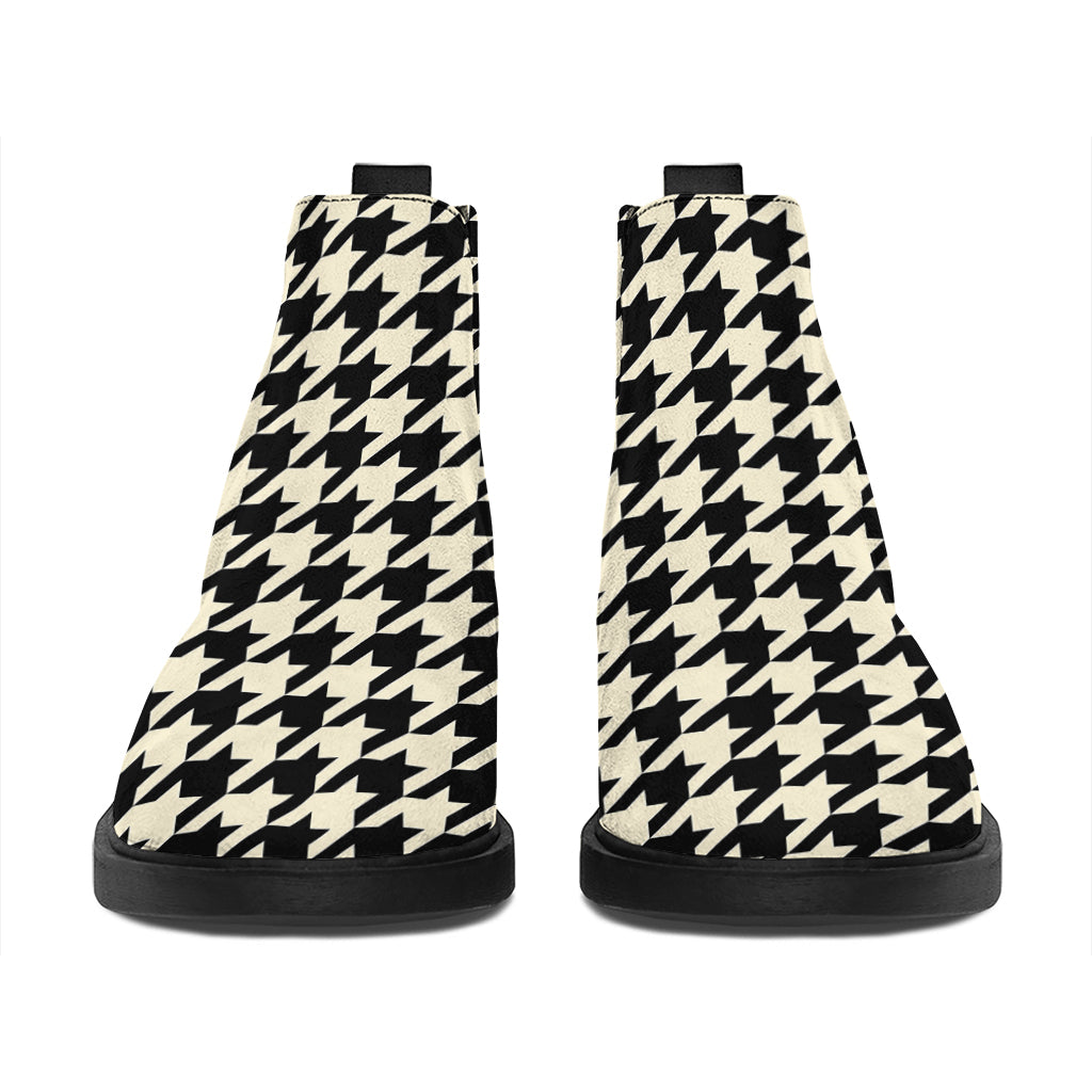 Tan And Black Houndstooth Pattern Print Flat Ankle Boots