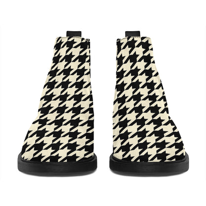Tan And Black Houndstooth Pattern Print Flat Ankle Boots