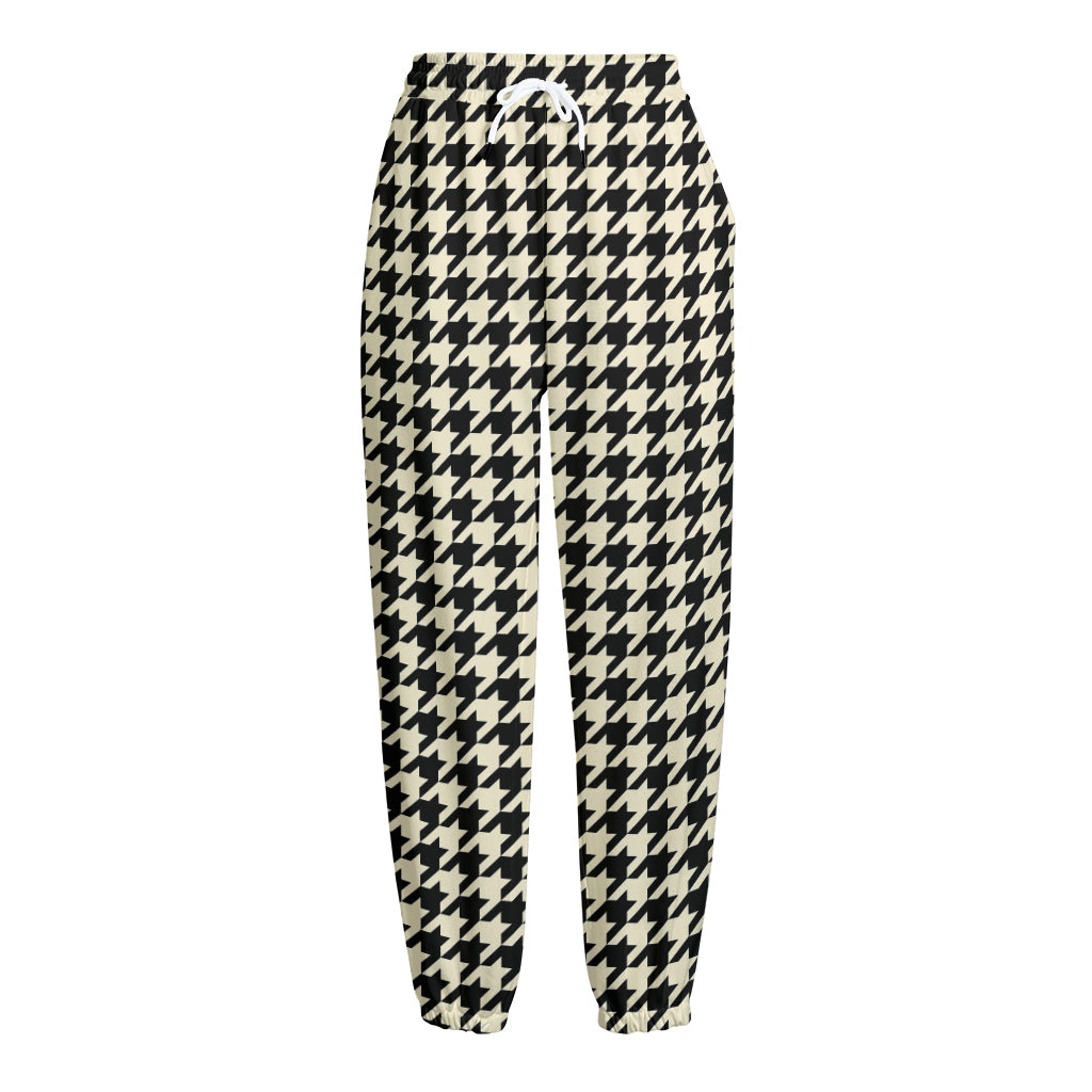 Tan And Black Houndstooth Pattern Print Fleece Lined Knit Pants