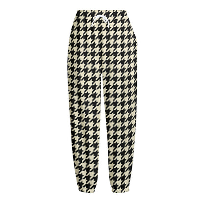Tan And Black Houndstooth Pattern Print Fleece Lined Knit Pants