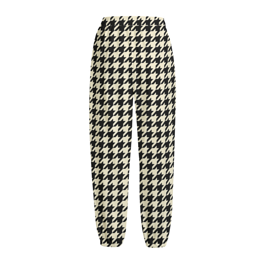 Tan And Black Houndstooth Pattern Print Fleece Lined Knit Pants