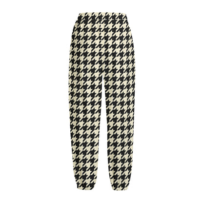 Tan And Black Houndstooth Pattern Print Fleece Lined Knit Pants