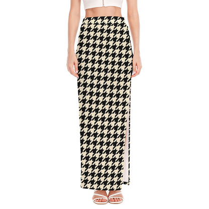 Tan And Black Houndstooth Pattern Print High Slit Maxi Skirt