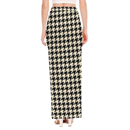 Tan And Black Houndstooth Pattern Print High Slit Maxi Skirt