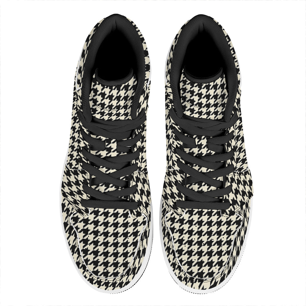 Tan And Black Houndstooth Pattern Print High Top Leather Sneakers