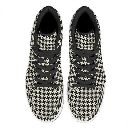 Tan And Black Houndstooth Pattern Print High Top Leather Sneakers