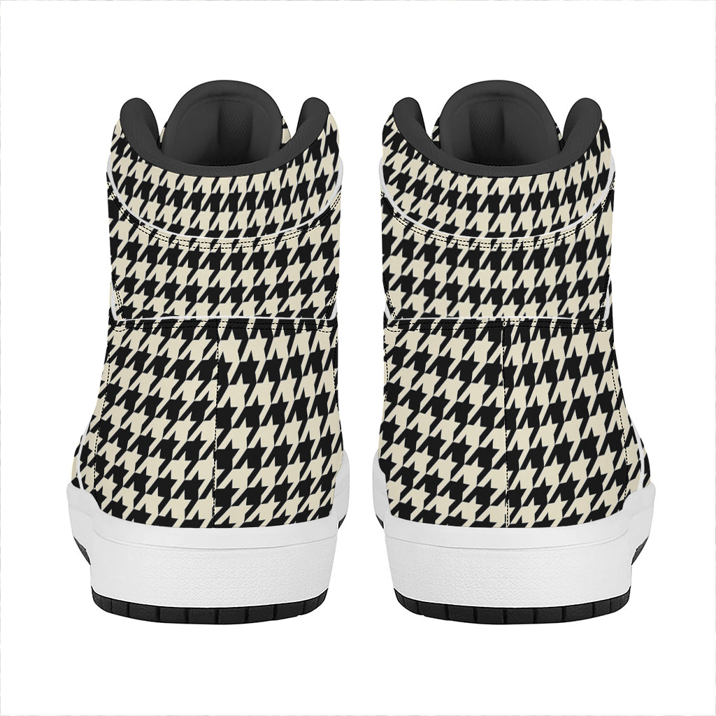 Tan And Black Houndstooth Pattern Print High Top Leather Sneakers