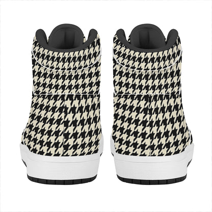 Tan And Black Houndstooth Pattern Print High Top Leather Sneakers