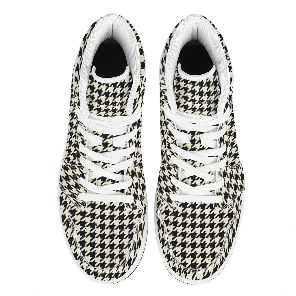 Tan And Black Houndstooth Pattern Print High Top Leather Sneakers