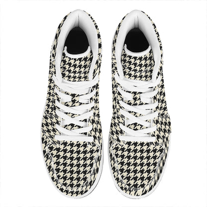 Tan And Black Houndstooth Pattern Print High Top Leather Sneakers