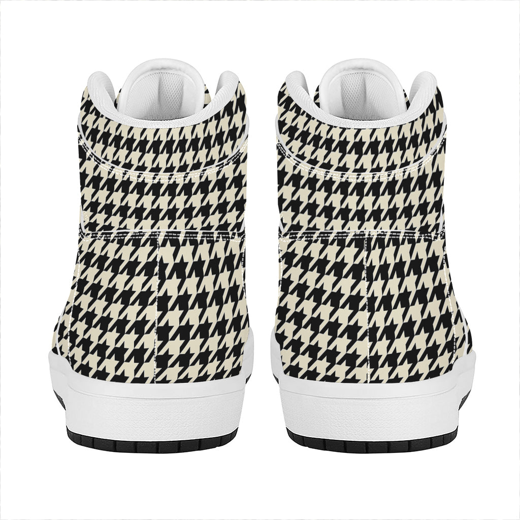 Tan And Black Houndstooth Pattern Print High Top Leather Sneakers
