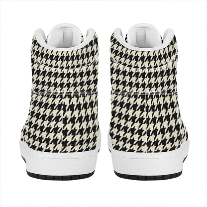 Tan And Black Houndstooth Pattern Print High Top Leather Sneakers
