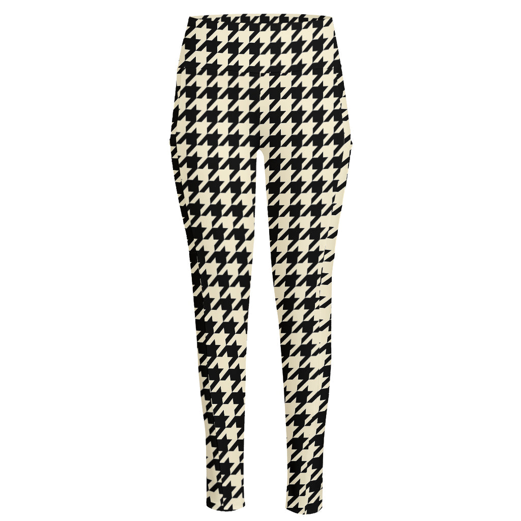 Tan And Black Houndstooth Pattern Print High-Waisted Pocket Leggings