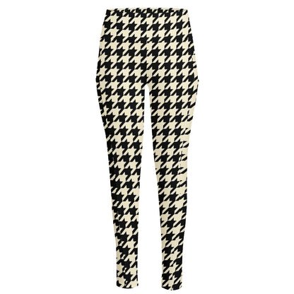 Tan And Black Houndstooth Pattern Print High-Waisted Pocket Leggings