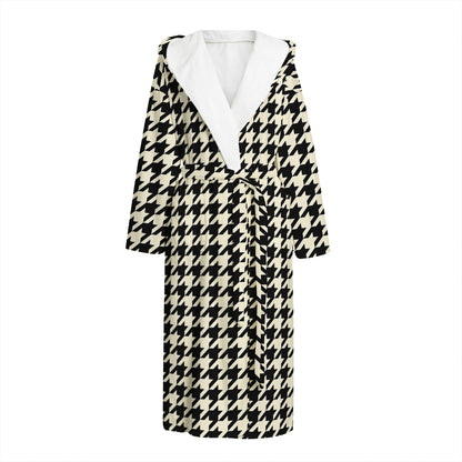 Tan And Black Houndstooth Pattern Print Hooded Bathrobe