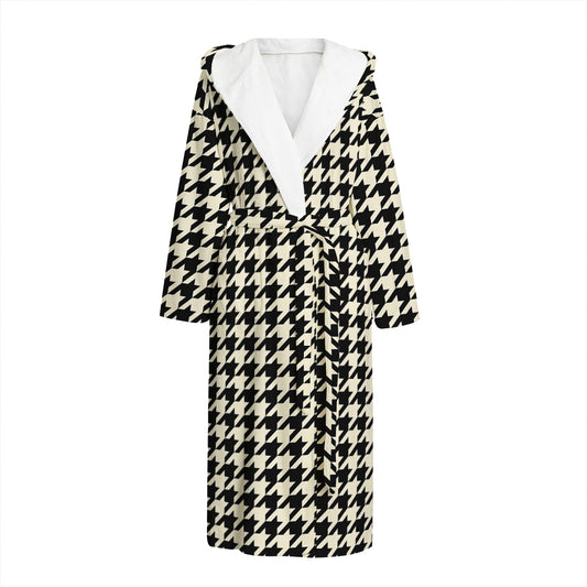 Tan And Black Houndstooth Pattern Print Hooded Bathrobe