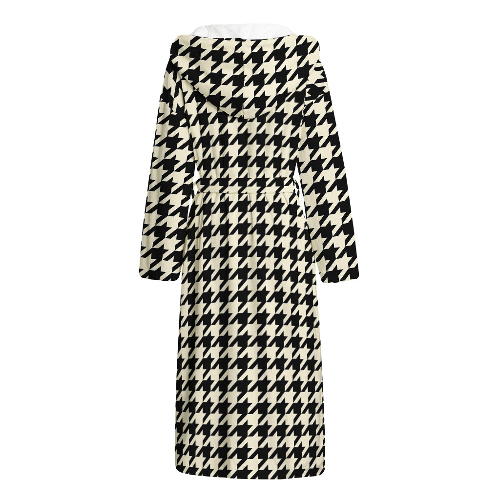Tan And Black Houndstooth Pattern Print Hooded Bathrobe