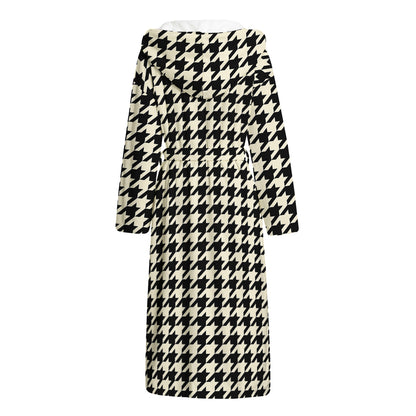 Tan And Black Houndstooth Pattern Print Hooded Bathrobe