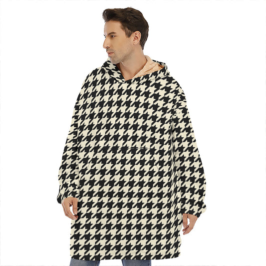 Tan And Black Houndstooth Pattern Print Hoodie Blanket