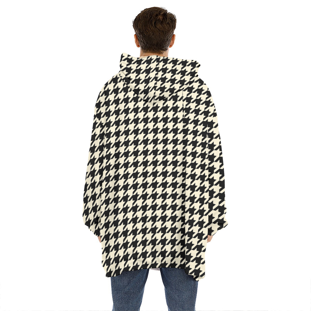 Tan And Black Houndstooth Pattern Print Hoodie Blanket
