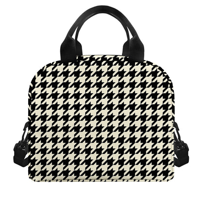 Tan And Black Houndstooth Pattern Print Insulated Lunch Bag