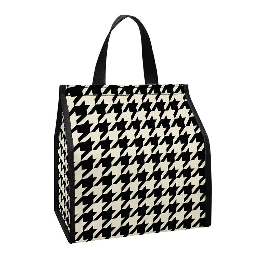 Tan And Black Houndstooth Pattern Print Insulated Lunch Tote