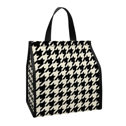 Tan And Black Houndstooth Pattern Print Insulated Lunch Tote