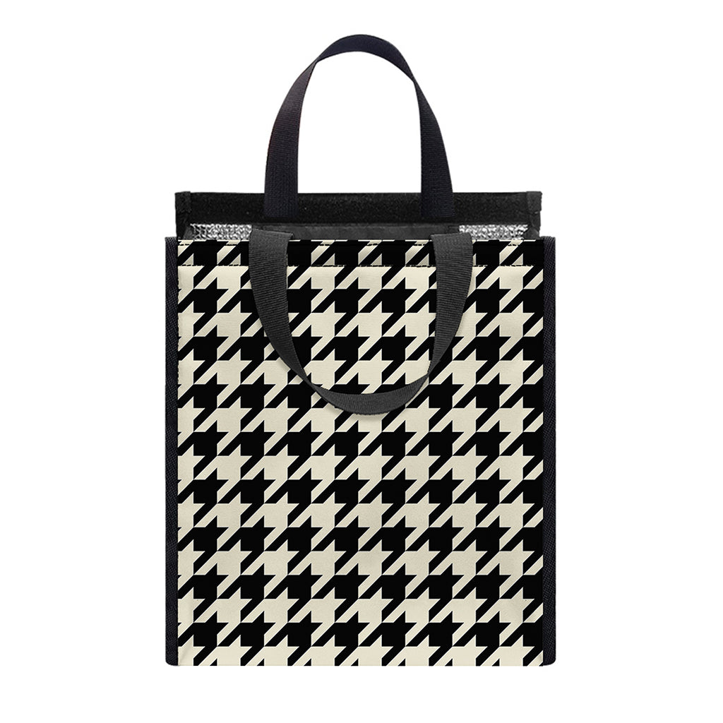 Tan And Black Houndstooth Pattern Print Insulated Lunch Tote
