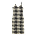 Tan And Black Houndstooth Pattern Print Jersey Midi Cami Dress