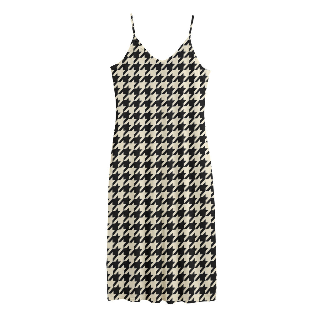 Tan And Black Houndstooth Pattern Print Jersey Midi Cami Dress