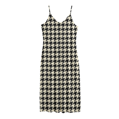 Tan And Black Houndstooth Pattern Print Jersey Midi Cami Dress