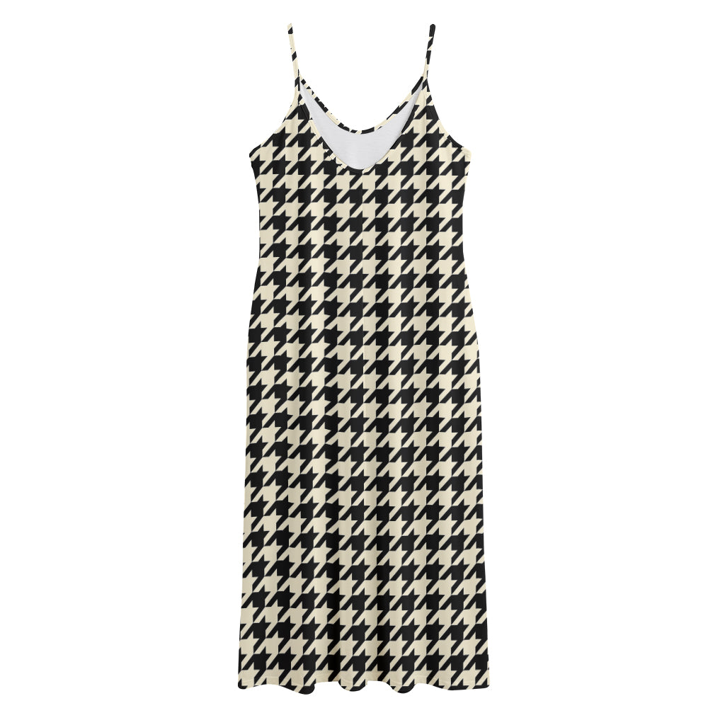 Tan And Black Houndstooth Pattern Print Jersey Midi Cami Dress
